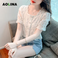 AOLINA เสื้อเชิ้ตแขนสั้นแขนสั้นคอปกสี่เหลี่ยมฝรั่งเศสใบโคลเวอร์สี่แฉกใหม่ฤดูร้อน