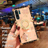 JieFie เคสสำหรับ Huawei P30 / P30 Pro / P30 Lite / P40 / P40 Pro เคสโทรศัพท์สี่เหลี่ยมลายดอกไม้แวววาวหรูหราพร้อมขาตั้งแหวน