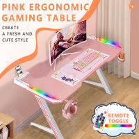 TEC โต๊ะคอมเกมมิ่ง โตะคอมพิวเตอร์ สีชมพู โต๊ะเกมมิ่ง โต๊ะเกมมิ่ง Pink gaming table โต๊ะ โต็ะคอม มีไฟ LEDสวย ไม่แสบตา หน้าโต๊ะหุ้มคาร์บอน 3D