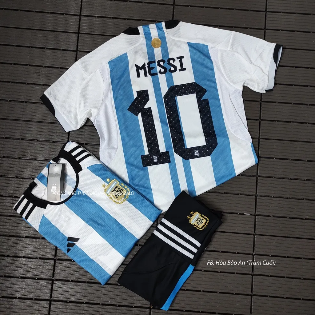 Áo Argentina Màu Trắng Xanh in tên Messi số 10 - Set bộ quần áo đá banh áo  messi m10 argentina WC 2022 in sẵn 