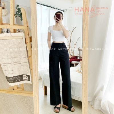 Purple black office long wide-waisted trousers - thick vtex fabric pants for women