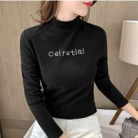 Special Offers Full Sleeve T Shirt Womens Top Keep Warm Tees Embroidery Thick T-Shirts Turtleneck Base Shirt Skinny Lady All Match Shirt 2021