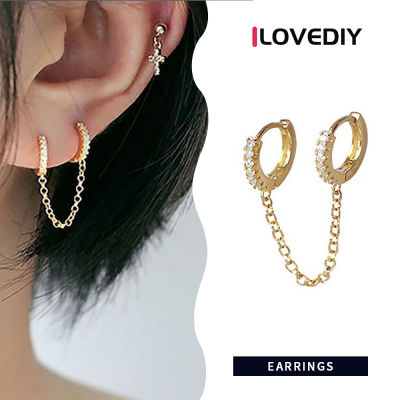 ILOVEDIY ต่างหูทองแดงสองคลิปเจาะรูสำหรับผู้หญิงเพทายฝังจากยุโรปต่างหูยาว