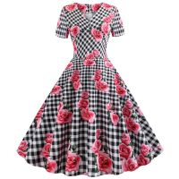 HOT★พิมพ์ลายสก๊อตแขนสั้นฤดูร้อน Vintage ผู้หญิงสบายๆ V คอ Slim Office Party Vestidos Robe Femme