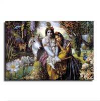 Radha Krishna แบกวัวและขลุ่ยข้างแม่น้ำโปสเตอร์ภาพตกแต่งศิลปะบนผืนผ้าใบสำหรับติดกำแพงห้องนั่งเล่นโปสเตอร์ภาพวาดตกแต่งห้องนอน (08 × 12inch-No กรอบ)