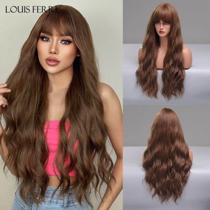 louis-ferre-วิกผมลอนยาวสีน้ำตาลหยักสังเคราะห์วิกผมสีน้ำตาลน้ำผึ้งมีหน้าม้าไฟเบอร์อุณหภูมิสูงสำหรับผู้หญิงผิวดำทนความร้อน