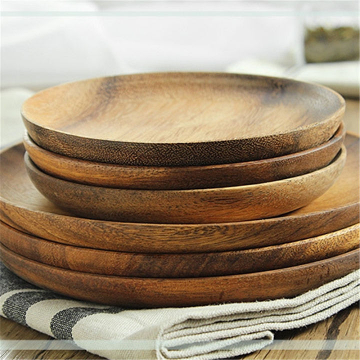round-shape-solid-wood-plate-candy-fruit-saucer-tea-dessert-dinner-bread-tray-storage-dishes
