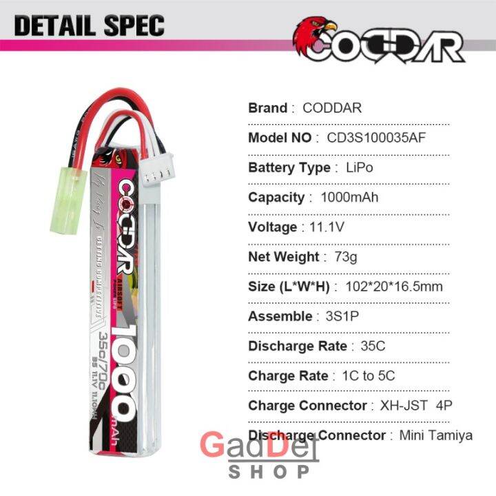 coddar-แบตเตอรี่-lipo-1000mah-35c-11-1v-ปลั๊กดีน-หรือ-ทามิย่า-เครื่องชาร์จแบตเตอรี่ลิโพ-และเช็คเซลล์แบต-ใส่บีบี-หน้าหรือพานท้าย