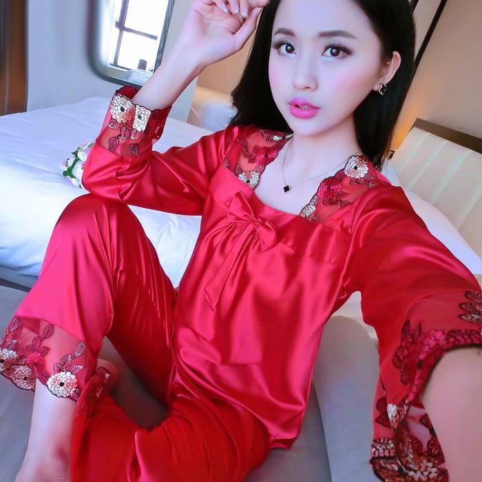 xiaoli-clothing-ชุดนอนผู้หญิง2021ใหม่ชุดชุดนอน-satin-ชุดชุดนอนไหมปลอมแขนยาวชุดนอนฤดูใบไม้ร่วงเหมาะกับผู้หญิงใส่อยู่บ้าน