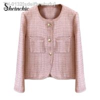 ✁☋✷ sdeifhruhvfu Rosa branco preto tweed jaqueta para mulher 2023 primavera roupas elegantes coreano moda o pescoço de lã curta misturas casacos chaquetas