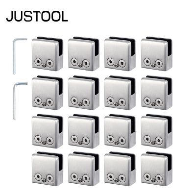 JUSTOOL 16Pcs 304 Stainless Steel Square Glass Clips Clamp Bracket Flat Back With Hexagon Driver For Handrail 10-12mm Clamps