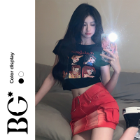 BG World เสื้อยืดแขนสั้นพิมพ์ลายการ์ตูนเกาหลีหญิงน่ารักสลิมเสื้อโค้ทสั้น เกาะอกแฟชั่นผญ BGW086