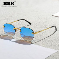 HBK กระจกสีฟ้า Frameless โลหะทองสุภาพสตรีแว่นตากันแดดผู้ชาย Rimless แว่นตากันแดดสีน้ำตาลสำหรับผู้หญิงแฟชั่น Shades ตัดแว่นตา-Youerd