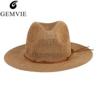 [Hat vendor]GEMVIE หมวกหน้าHat vendorใหม่หมวกปานามาหมวกฟางเปิดหลังสำหรับผู้ชายผู้หญิงเชือกหนังหมวกชายหาดดวงอาทิตย์ปีกกว้างหมวกสไตล์แจ๊ส Fedora