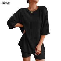 Womens Lounge Sets Pajamas Ribbed Knit Short Sleeve 2 Pieces Tshirt Bike Shorts Loungewear Summer Outfits Loose Set Tracksuits