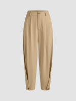 Cider Solid Mid Waist Button Tapered Trousers