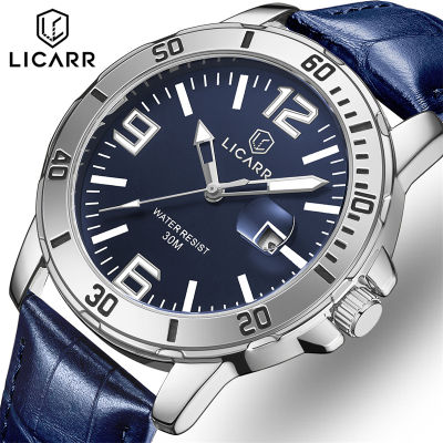 LICARR นาฬิกาหรูสำหรับผู้ชาย,นาฬิกาสายหนังควอตซ์แสดงวันที่แบบลำลองกันน้ำแฟชั่นทหารสำหรับผู้ชาย