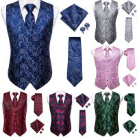 Hi-Tie Navy Blue Paisley Floral Silk Mens Slim Waistcoat Necktie Set For Suit Dress Wedding 4PCS Vest Necktie Hanky Cufflinks