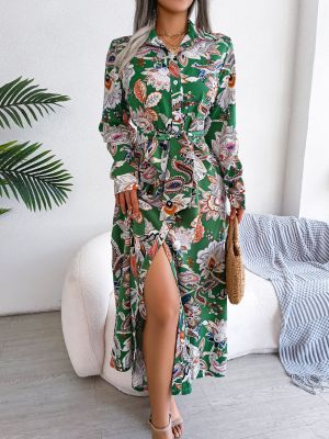 Women Casual Floral Print Collar Long Sleeve Maxi Shirt Dress