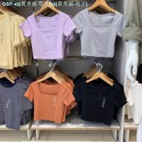 ☈UNIQLO ชุดเด K452077 U2023ผู้หญิงผ้าฝ้ายเข้ารูปลำลองคอเหลี่ยมเสื้อยืดสั้นแขนสั้นใหม่ฤดูร้อน