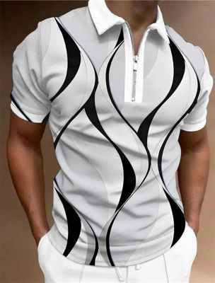 ส่วนของเสื้อโปโลซิปของผู้ชาย2แบบเสื้อกอล์ฟพิมพ์ลายกราฟิกเรขาคณิตแบบหมุนเป็นเส้นตรงแขนสั้นมีซิป