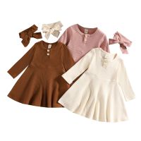 Toddler Baby Girls Knitted Dress Ribbed Solid Color Long Sleeve Dress Autumn Winter Round Neck Dress with Headband 6M-4T  by Hs2023