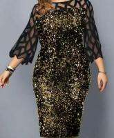 New Arrival Elegant Sequin Dress Bright Shine O-neck Lace Long Sleeve Celebrity Party Formal Midi Dress Vestidos