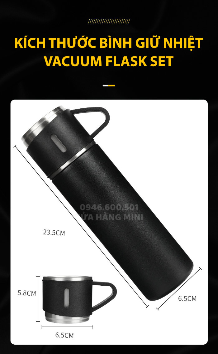 Bình Giữ Nhiệt Vacuum Bottle Flask Set 500ml Kèm 2 Ly Cách Nhiệt Màu Bạc