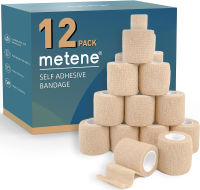 Metene Self Adhesive Bandage Wrap 12 Pack, Athletic Tape 2 Inches X 5 Yards, Sports Tape, Breathable, Waterproof, Elastic Bandage for Sports, Wrist and Ankle Wrap Tape, Non-Woven Bandage Brown