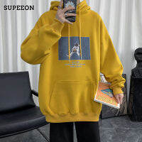 SUPEEON丨สีทึบ Pullover Hooded Sweatshirt ผู้ชายแขนยาวกีฬาขนแกะ Hoodie ผู้ชาย Pullover Casual Top ผู้ชายหลวมเสื้อคู่นักบินอวกาศพิมพ์สไตล์