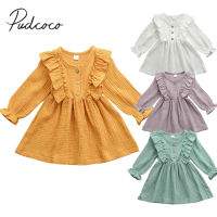 2019 Baby Spring Autumn Clothing Toddler Kids Baby Girl Cotton Linen Party Casual Dress Long Sleeve Clothes Solid Sundress 1-6T  by Hs2023