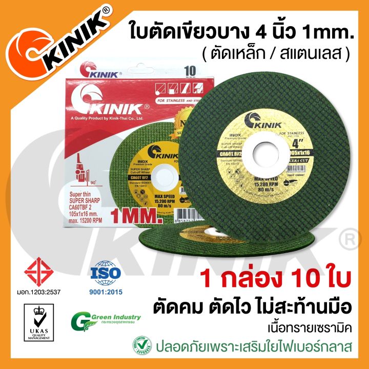 กล่อง10ใบ-ใบตัดบางkinik-ขนาด4นิ้ว1มิล-สีเขียว-เม็ดทรายเซรามิค-ผสมใยไฟเบอร์กลาส1ชั้น-105x1x16mm