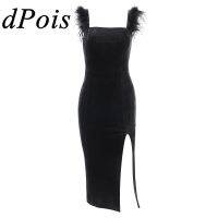 ZZOOI Womans Sexy Velvet Dress Women Sleeveless Dress Solid Feathers Bodycon Clothes Cocktail Evening Party Club Wear Femme