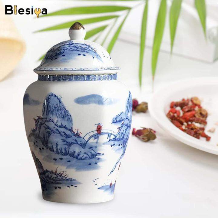 Blesiya Ceramic Tea Jar Blue White Porcelain with Lid for Dining Room