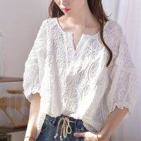 [COD] Very fairy lace womens short-sleeved 2022 summer new loose foreign style temperament v-neck sleeve top