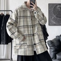 HOT14★ Autumn Jackets Men Cal Loose Wool Jacket Male Turn Down Collar Plaid Coats Man