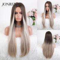 Jonrenau Long Straight Midium Part Synthetic Ombre LIght Ash Brown Wig Cosplay Daily Hair Wigs for Women Heat Resistant Fibre