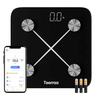 Teerraa Smart Weight Scale, Digital Body Fat Bathroom Weighing Machine for Fat, Water, Muscle, BMI - Electronic Body Composition Monitors with Smartphone App Connectivity (Black)
