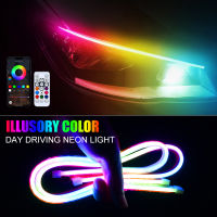 Fuvoya แสงนีออน LED DRL RGB ไฟวิ่งกลางวัน2ชิ้น,ไฟแอปและรีโมตควบคุมแถบไฟท้ายสัญญาณเลี้ยวสีสันสดใสกันน้ำ