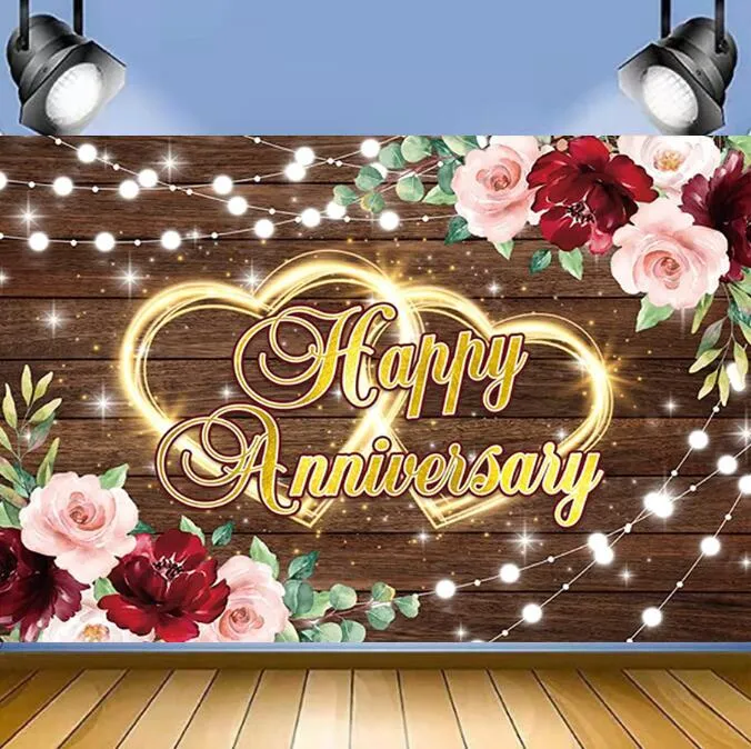 Happy Anniversary Backdrop Heart Burgundy Flower Rustic Wood Background