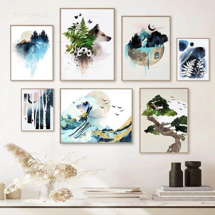 nordic-blue-mountain-leaf-forest-ธรรมชาติ-moon-fox-wall-art-ภาพวาดผ้าใบ-โปสเตอร์และพิมพ์ภาพผนังสำหรับตกแต่งห้องนั่งเล่น