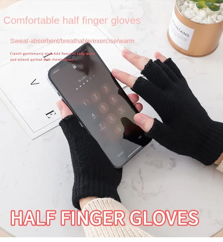 1Pair Black Half Finger Fingerless Gloves For Women And Men Wool Knit Wrist  Cotton Gloves Winter Warm Workout Gloves