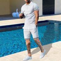 Hot Summer Beach Mens Sets Fashion Tow-Piece thin polo shirt + sports drawstring shorts Casual Clothes Mens Beach Wear