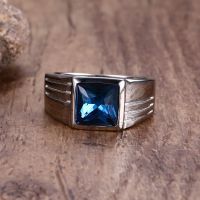 Men Ring Biker Blue Stone Crystal Stainless Steel Rings Punk Jewelry For Men Women