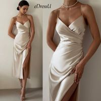 ZZOOI Sexy Evening Party Dress 2023 Women V Neck Spaghetti Straps Smooth Mid Long Tea Length Slit Club Cocktail Dress GY-2356