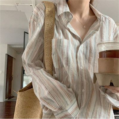 [Spot] Idle style retro pinstripe shirt womens spring, summer and autumn top loose Korean style long sleeve shirt 2023