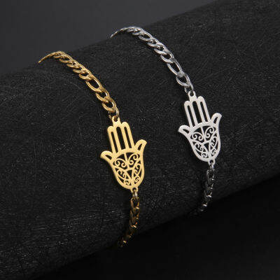 คุ้มครอง Amulets Hamsa มือของฟาติมาสร้อยข้อมือสแตนเลสมือกรีกยันต์สร้อยข้อมืออิสลามโชคดีเครื่องประดับของขวัญ