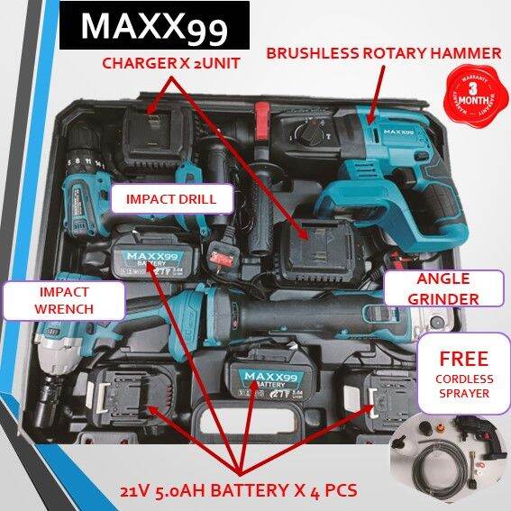 MAXX99 ROTARY HAMMER, IMPACT WRENCH, IMPACT DRIVER, ANGLE GRINDER + 21V 5.0AH BATTERY X 4