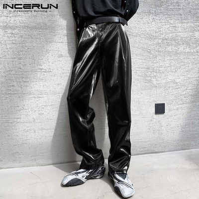 INCERUN กางเกงหนังเทียมผ้าฟลีซสำหรับผู้ชาย,กางเกงขายาวสไตล์เกาหลีให้ความอบอุ่นกางเกงปาร์ตี้แนวพังก์ดูเปียก