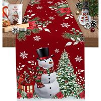 【LZ】✵  Christmas Snowman Decoration 2023 Linen Anti-Skid Table Runners Holiday Party and Dining Room Decor Snowman Snowflakes Red Style